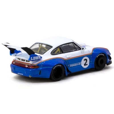 Miniatura de carro de corrida Porsche azul e branco com pára-choques traseiro elevado.