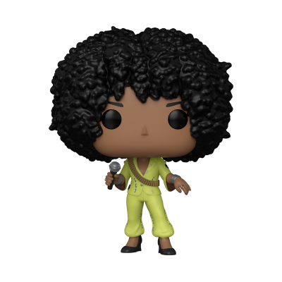 Figura Funko Pop com cabelo afro preto e fato amarelo segurando microfone