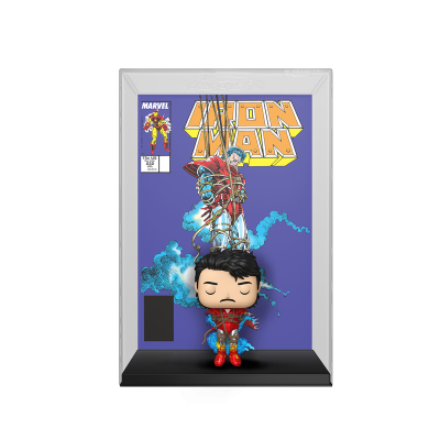 Figura Funko Pop Homem de Ferro em caixa transparente com fundo de cartaz Iron Man