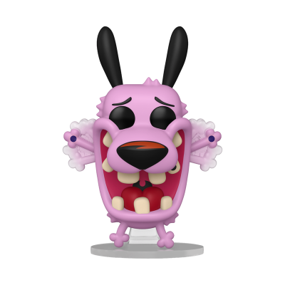 Figura colecionável do cão corajoso rosa com orelhas pretas em base branca