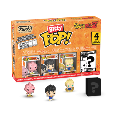 Caixa laranja com quatro figuras Funko Pop Dragon Ball Z Bitty, incluindo Kid Buu, Vegito, Vegeta e uma figura surpresa preta.