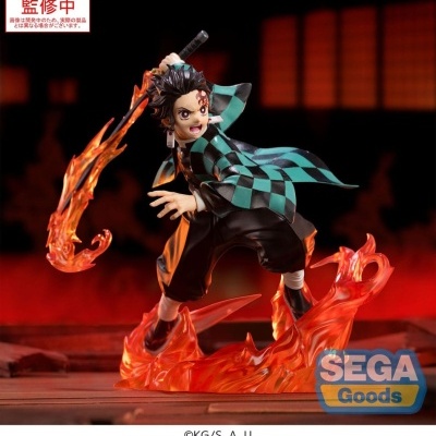 Figura de ação de personagem com espada em chamas e casaco xadrez verde e preto
