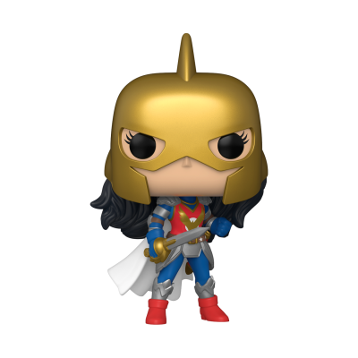 Figura Funko Pop de personagem feminina com elmo dourado e espada.