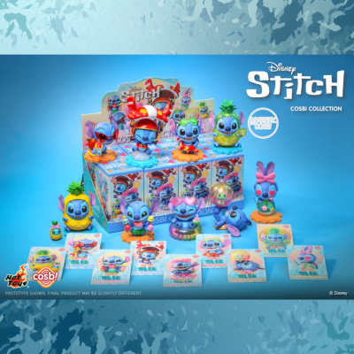 Figuras Disney Stitch coleção COSBI em várias poses coloridas sobre embalagens azuis