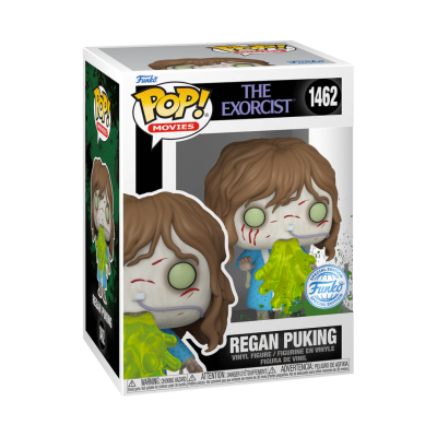 Funko Pop Regan Puking de The Exorcist embalada em caixa com design gráfico