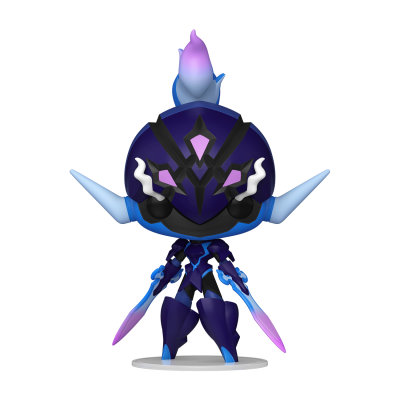 Figura colecionável com armadura azul e roxa e lâminas duplas