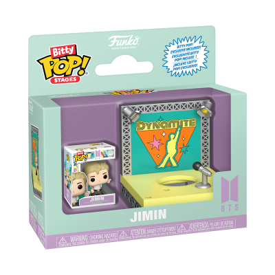 Figura Bitty Pop! Stages Jimin BTS com base amarela, microfone e painel 'DYNAMITE' em embalagem de plástico e papel-cartão