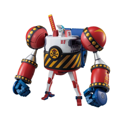 Figura de robô com braços grandes vermelhos e corpo branco e preto com faixas amarelas.