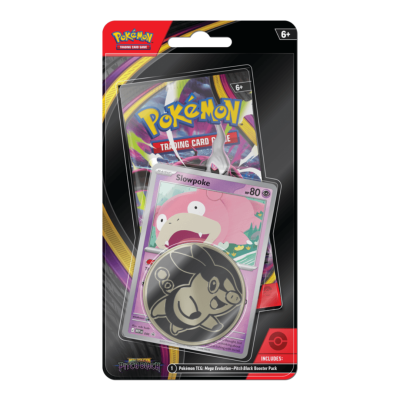 Pack de cartas Pokémon TCG Slowpoke com moeda prateada em cartão preto colorido