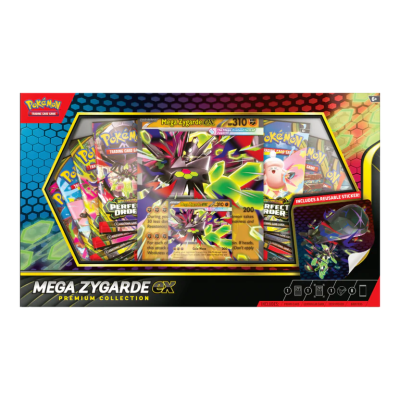 Caixa da coleção Mega Zygarde EX do Pokémon com cartas e autocolante reutilizável visíveis