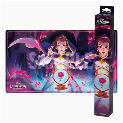 Tapete Playmat Disney Lorcana com personagem feminina e rosa num globo de vidro colorido