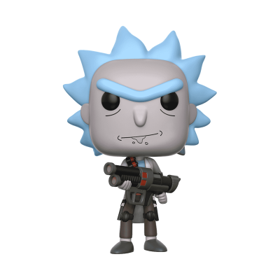 Figura Funko Pop de Rick com cabelo azul claro e arma