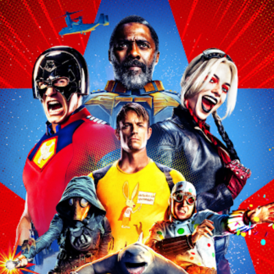 personagens coloridos da série Peacemaker sobre fundo vermelho e azul