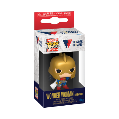 Figura chaveiro Pocket Pop da Wonder Woman com capacete dourado em embalagem