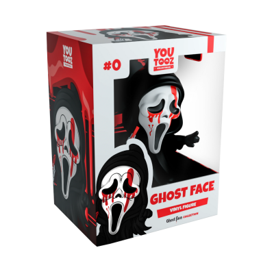 Embalagem de figura vinil Ghost Face da YouTooz com design em branco, preto e vermelho