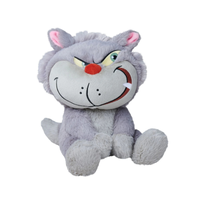 Pelúcia de gato cinzento com focinho volumoso e expressão sorridente