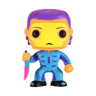 Figura de vinil estilo Pop! com cabelo roxo, pele amarela, vestindo fato azul e segurando faca rosa