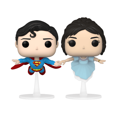 Figuras Funko Pop de Superman e mulher com vestido azul