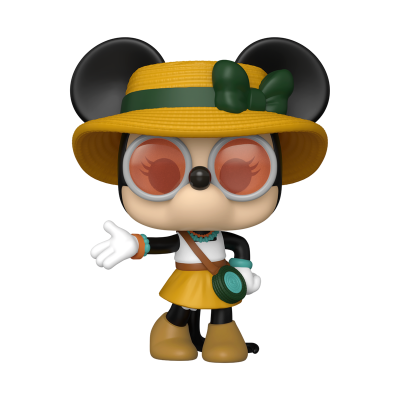 Figura de vinil Minnie Mouse com chapéu amarelo, saia amarela e bolsa verde.