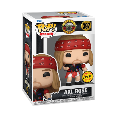 Figura Funko Pop! Rocks de Axl Rose na embalagem com bandana vermelha e roupa preta e vermelha