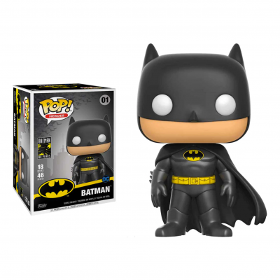 Figura Funko Pop! de Batman preto com amarelo e embalagem com texto POP! HEROES, BATMAN