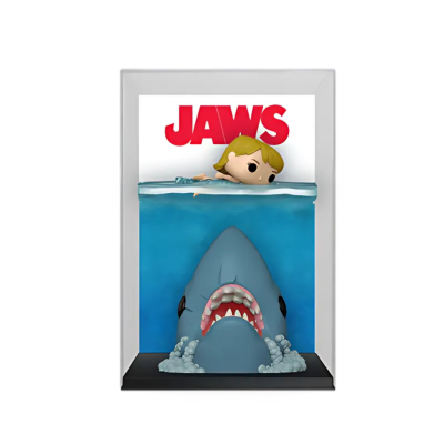 Figura decorativa do filme JAWS com tubarão e personagem em caixa transparente