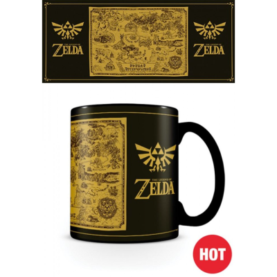 Caneca preta com decoração THE LEGEND OF ZELDA em amarelo e mapa, selo HOT vermelho