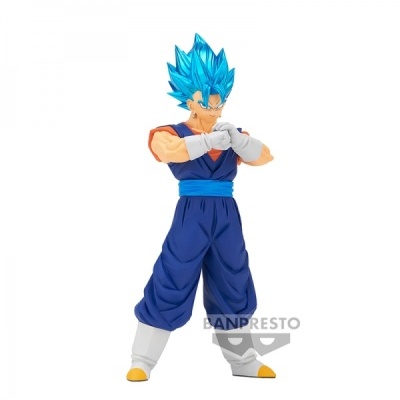 Figura de ação anime com cabelo azul e roupa azul em pose de combate
