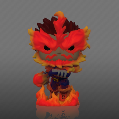 Boneco colecionável estilizado com chamas vermelhas, laranjas e amarelas e roupa azul