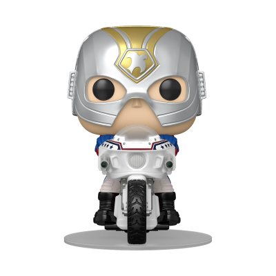 Figura Funko Pop com capacete prateado e dourado numa mota branca azul e vermelha.