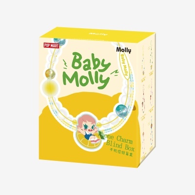 Embalagem para Phone Charm Blind Box Baby Molly POP MART com personagem animada em amarelo e bege
