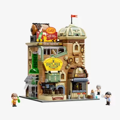Microcervejaria em blocos de construção com placas coloridas e três bonecos em miniatura