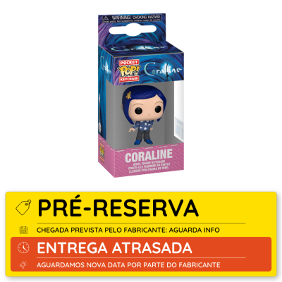 Figura chaveiro Coraline em vinil na caixa com texto e cores azul e rosa