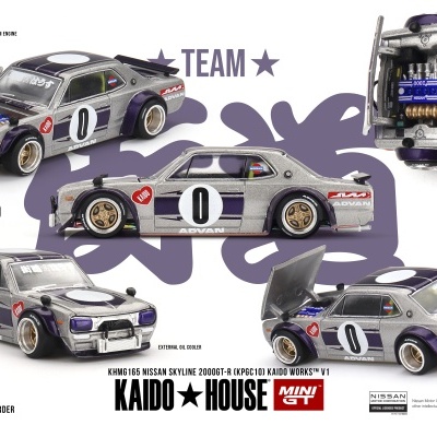 Miniatura do Nissan Skyline 2000GT-R cinza com detalhes roxos e rodas anodizadas com capô aberto mostrando motor