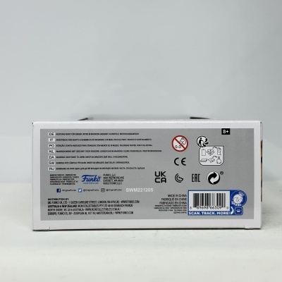 Parte traseira da embalagem de produto Funko com texto multilingue e código de barras