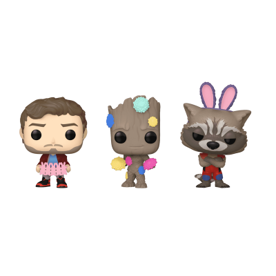 Três bonecos Funko Pop de personagem humano, árvore e guaxinim com orelhas de coelho