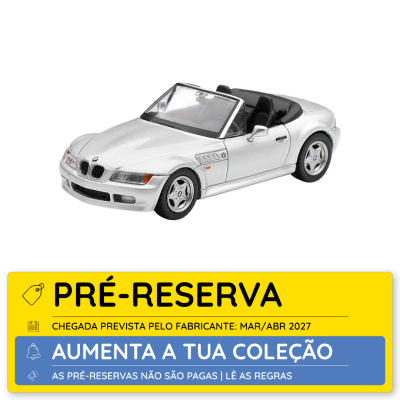 Miniatura carro BMW conversível prata com selo de pré-reserva em amarelo e azul.