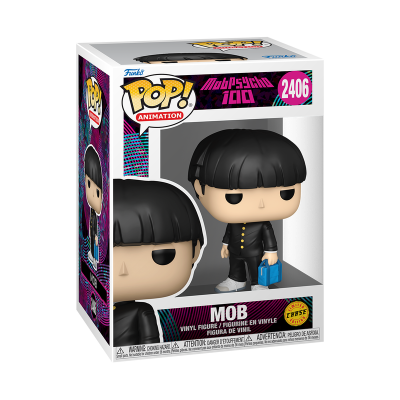 Figura Funko Pop Mob da série Mob Psycho 100 numa caixa colorida