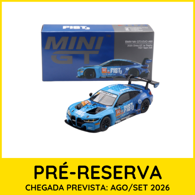 Miniatura de carro de corrida BMW M4 GT3 EVO azul com caixa e texto de pré-reserva