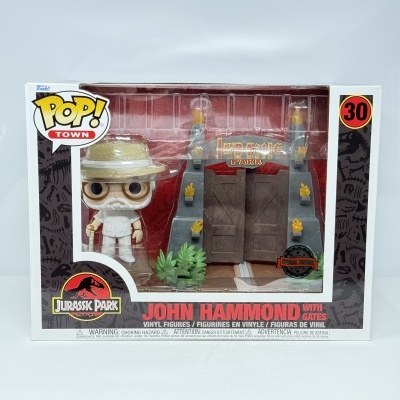 Figura Funko Pop! John Hammond com portões Jurassic Park na embalagem