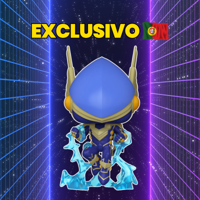 Figura Funko Pop com capacete azul e dourado num fundo futurista, texto EXCLUSIVO e bandeira de Portugal