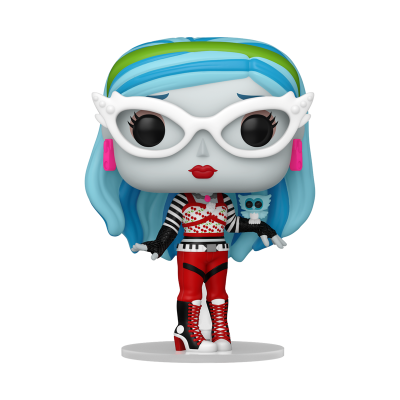 Figura colecionável Funko Pop com cabelo azul e verde, óculos brancos e roupa vermelha e preta