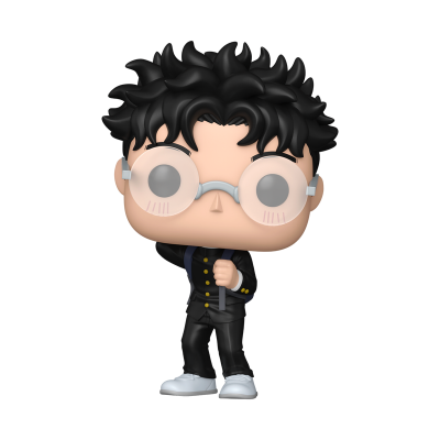 Figura Funko Pop com cabelo preto, óculos redondos e roupa preta