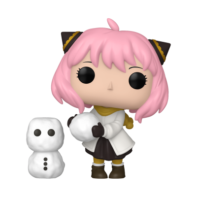 Figura Funko Pop personagem com cabelo rosa segurando bola de neve ao lado de boneco de neve branco
