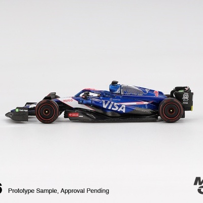 Miniatura de carro de Fórmula 1 azul, preto e vermelho com logótipos de patrocinadores