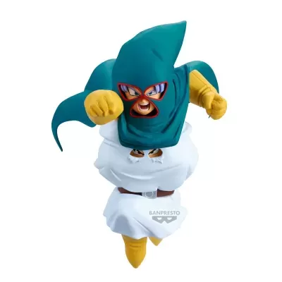 Figura de ação de personagem com máscara azul esverdeada e roupa branca