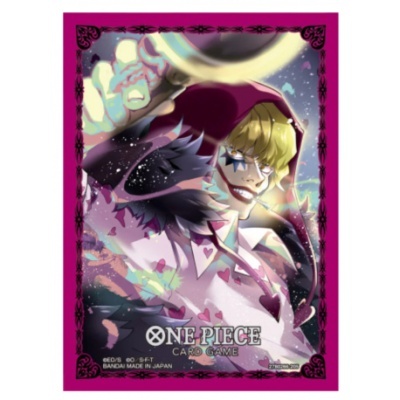 Sleeve para cartas One Piece Card Game com personagem de cabelo loiro e maquiagem de palhaço num fundo roxo