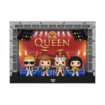 Figuras Funko Pop da banda Queen no palco com iluminação e fundo vermelho com logo QUEEN.