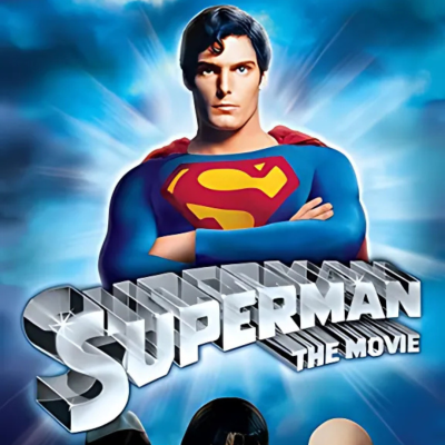 Cartaz do filme Superman com o super-herói em fato azul e símbolo no peito.