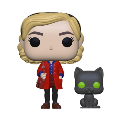 Figura Funko Pop de mulher com casaco vermelho e gato preto com olhos verdes.